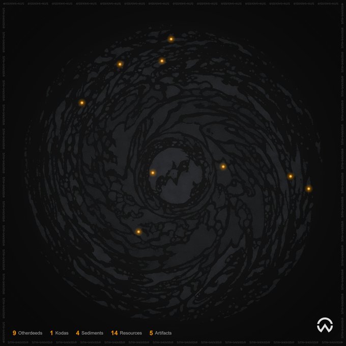 The image presents a detailed, black and white illustration of a spiral galaxy with six bright yellow stars at its center. The galaxy appears to be spinning rapidly, creating an illusion of movement within the stillness of space. The text "My modest @OthersideMeta" is also present in the image.