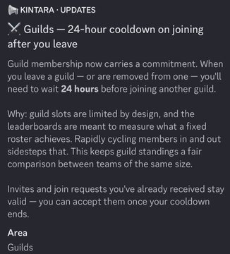 An app update notification from 'KINTARA' about a '24-hour cooldown on joining after you leave' for Guilds, explaining membership policies and leaderboard comparisons.