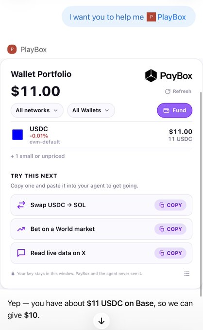 A chat screenshot showing PayBox wallet integration with $11.00 USDC balance on Base, featuring quick action prompts to "Swap USDC → SOL," "Bet on a World market," and "Read live data on X," supporting the post about giving away $10 USDC to a winner.