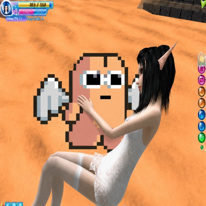 A video game character with pointed elf-like ears, dressed in a white lace dress, playfully poses with what appears to be a pixel-art character from a classic 2D game (resembling the Bub from "Puzzle Bobble"). The image connects to the caption "She said she wanted someone built different" through the juxtaposition of the detailed 3D character with the simple blocky pixel art figure, humorously suggesting a preference for the retro-style companion. The game UI shows "World 14: 2-6" and "BepoMK A" with health bars reading "200/200" and "28.9/30".