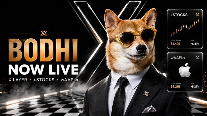 A Shiba Inu dog wearing sunglasses and a suit stands beside bold text announcing "BODHI NOW LIVE" on "X LAYER • xSTOCKS • wAAPLx," with ticker cards showing $xSTOCKS at $8.42B (+6.81%) and $wAAPLx at $6.21B (+5.27%)—visually reinforcing the post's confident launch announcement for the $BODHI token.