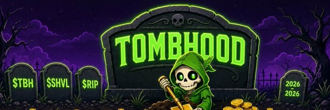 A cartoon-style banner for 'TOMBHOOD' featuring a grim reaper character in a graveyard with gravestones labeled '$TBH', '$HVL', '$RIP', and '2026 2026'.