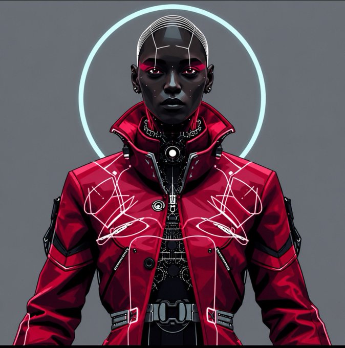 A digital illustration of a futuristic Black character wearing a red jacket with white line-art designs, featuring a halo behind their head and cybernetic elements.