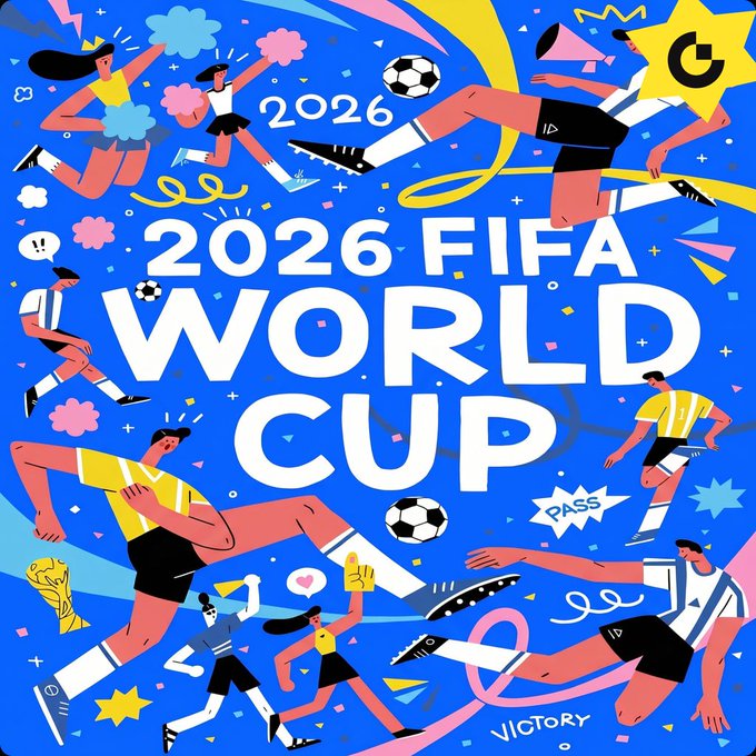 A vibrant, cartoon-style illustration for the 2026 FIFA World Cup features players kicking soccer balls, cheerleaders with pom-poms, and trophies against a blue background with the prominent text "2026 FIFA WORLD CUP." The energetic artwork complements the post's celebration of France's 2-0 victory over Morocco, promoting Gate.com's competition with a 100,000 USDT prize related to the tournament.