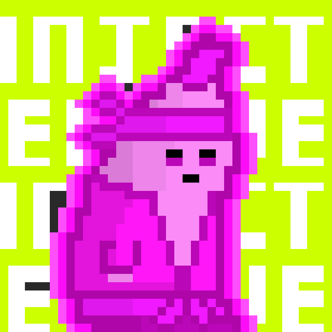 A pink pixel art figure resembling a flame or candle character set against a green background with large white pixelated text behind it.