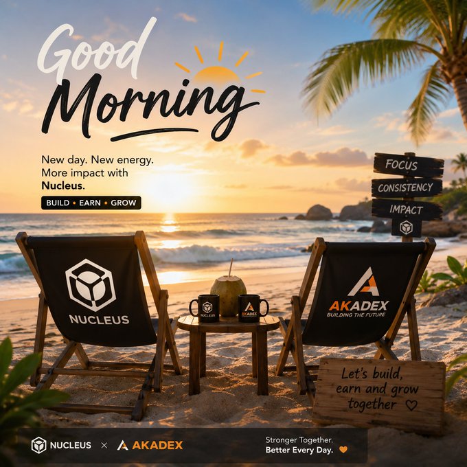 A 'Good Morning' graphic for Nucleus and Akadex featuring two branded beach chairs, a small table with mugs, and a coconut against a beach sunrise, with text 'New day. New energy. More impact with Nucleus.', 'BUILD • EARN • GROW', 'FOCUS • CONSISTENCY • IMPACT', and 'Let's build, earn and grow together'.