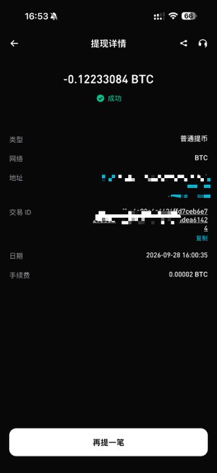 A mobile cryptocurrency withdrawal confirmation screen showing a successful transaction of -0.12233084 BTC dated 2024-09-28 16:00:35 with a fee of 0.00002 BTC, displayed in Chinese.