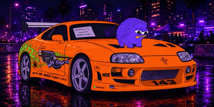 A neon orange Supra-style drift car with graffiti decals, the number 143, and a purple fuzzy mascot on the hood, parked on a wet street against a purple-lit cityscape.