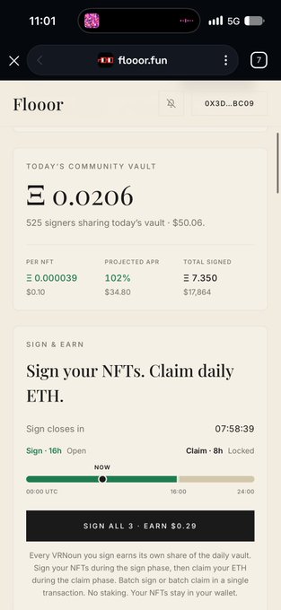A mobile webpage for “floor.fun” shows “TODAY’S COMMUNITY VAULT,” a vault value of “Ξ 0.0206,” “525 signers,” and a “SIGN & EARN” section with ETH claiming details and a “SIGN ALL 3 · EARN $0.29” button.