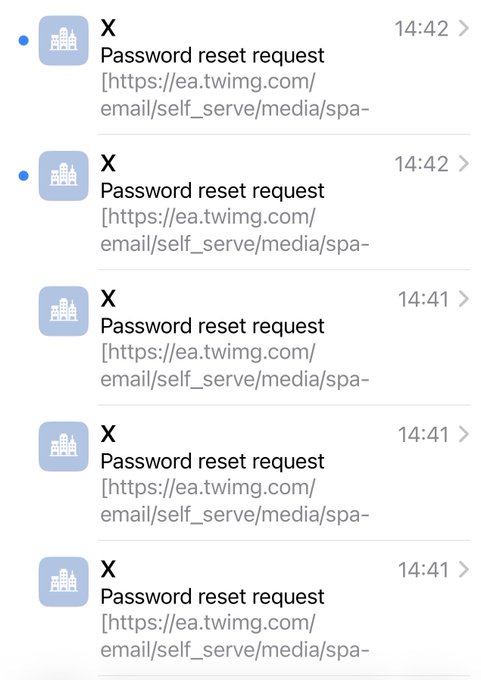 A mobile phone notification screen showing multiple repeated 'Password reset request' emails from X, all with timestamps around 14:41-14:42.