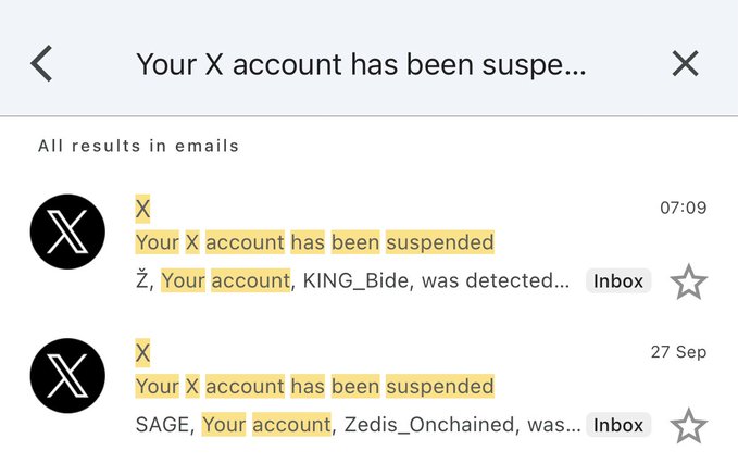 A screenshot of an email inbox search results for "Your X account has been suspe..." showing multiple suspension notices from X, including recent emails (07:09) and one from September 27, addressing accounts named "KING_Bide" and "Zedis_Onchained," illustrating the user's frustration over losing multiple accounts.