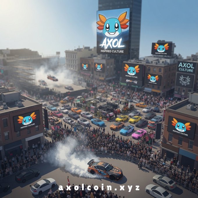 A promotional image for 'AXOL' crypto token featuring its mascot on billboards around a drifting car event, with the website 'axolcoin.xyz' displayed at the bottom.