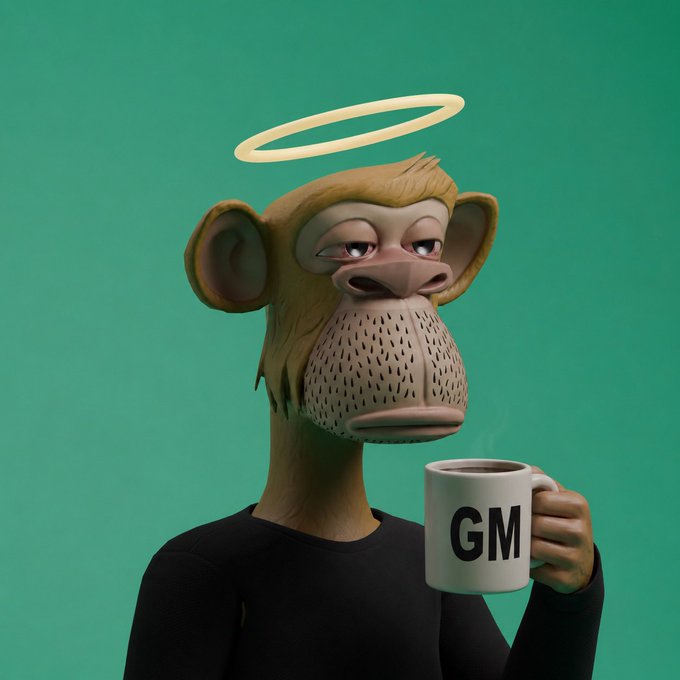 A 3D illustration of a Bored Ape-style monkey character with a halo, wearing a black shirt and holding a white mug that says 'GM' against a green background.