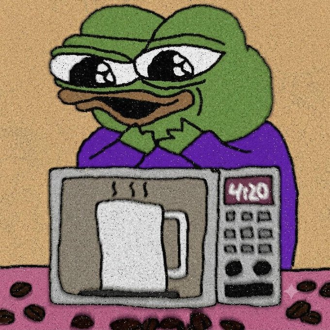 A cartoon illustration of a green frog character looking at a microwave displaying '4:20', with coffee beans scattered on a pink surface in the foreground.