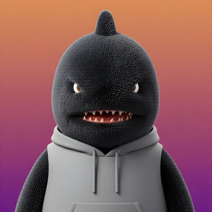 A 3D-rendered gray shark character wearing a gray hoodie grins menacingly against an orange-to-purple gradient background.