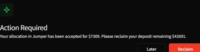 A notification displays "Action Required" indicating that an allocation in Jumper has been accepted for $7309, with $42691 remaining to reclaim, accompanied by "Later" and "Reclaim" buttons. The image relates to the post by confirming the $7300 token quota allocation from Jumper's launch on Legion.