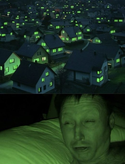 A nighttime suburban neighborhood where many house windows glow with an eerie green light, paired below with a close-up of a man lying in bed, his face also illuminated by a strange green glow.