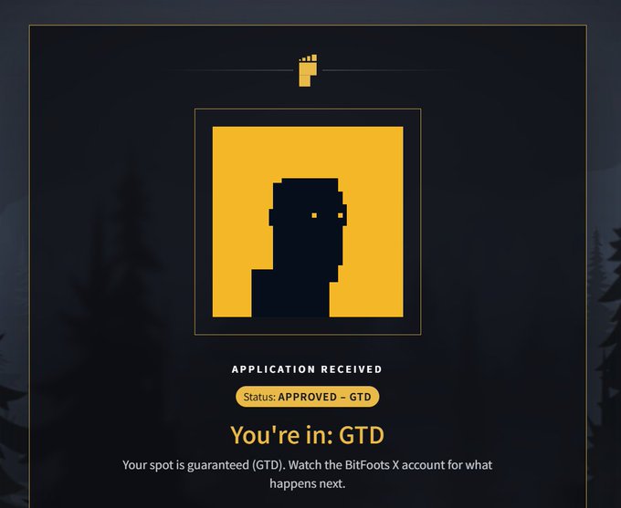 A dark digital confirmation screen from BitBoots displays a pixelated profile icon and the text "APPLICATION RECEIVED, Status: APPROVED - GTD, You're in: GTD".