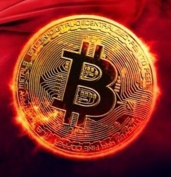 A glowing Bitcoin coin sits against a fiery red fabric background, prominently displaying the iconic "B" symbol and inscriptions like "DIGITAL • DECENTRALIZED • PEER TO PEER" along its edge. The fiery, high-energy visual mirrors the post's urgent tone of a massive bullish prediction, with analysts forecasting BTC to soar between $500K and $1 million.