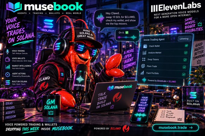 A promotional banner for 'musebook' featuring a red lobster mascot wearing a cap that reads 'Make Solana AI Great Again' and headphones, surrounded by neon signs promoting voice trading, wallets, and AI agents on Solana, powered by ElevenLabs and $CLAWD.