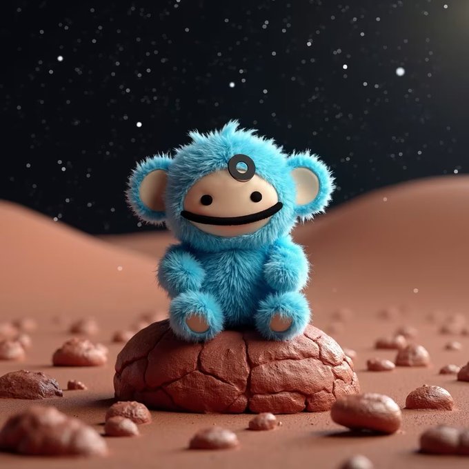 3D render of a cute blue fuzzy monkey-like plush character sitting on a red rock in a reddish desert landscape with stars in the night sky.