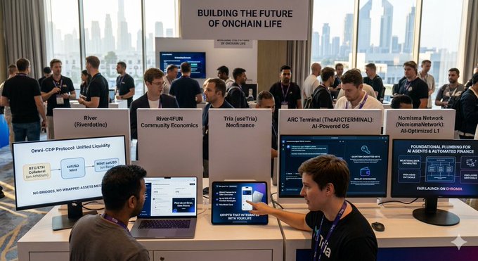 The image shows a group of people gathered around a table at an event with multiple computers displaying information about privacy, security, and blockchain technology. The attendees are engaged in conversations and learning about these topics while standing near a large screen that displays a presentation on server-blind architecture for secure communication.