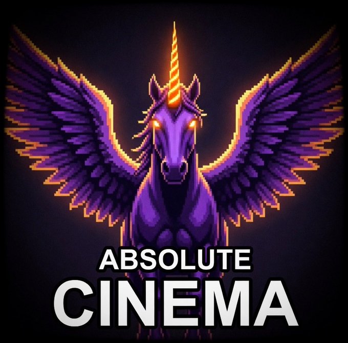 Pixel art illustration of a purple winged unicorn with an orange glowing horn on a dark background, captioned 'ABSOLUTE CINEMA'.