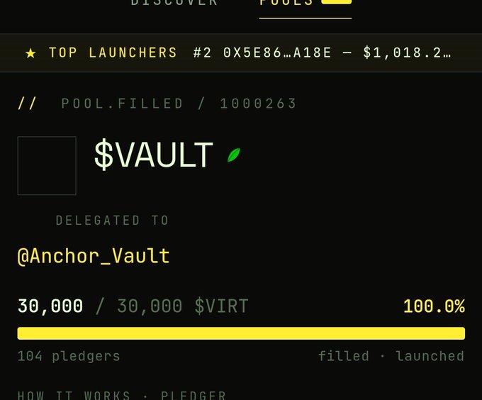 A crypto pool filled screenshot showing $VAULT token delegated to @Anchor_Vault with 30,000/30,000 $VIRT at 100% filled by 104 pledgers.