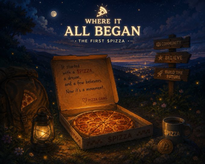 The illustration depicts a glowing pepperoni pizza in an open box atop a hill at night, with the inscription "It started with a $PIZZA, a dream, and a few believers. Now it's a movement. ❤️ PIZZA GANG," alongside a "WHERE IT ALL BEGAN — THE FIRST $PIZZA" headline, a wooden signpost reading "COMMUNITY," "BELIEVE," and "BUILD THE FUTURE," and a Bitcoin-emblazoned coin near a "$PIZZA" mug. The nostalgic, moonlit artwork visually ties together the post's celebration of the intersection between pizza, Bitcoin, and the @PizzaBTCB community.