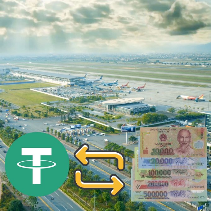 An aerial view of an airport with overlaid graphics showing the Tether (T) logo and Vietnamese Dong banknotes (10,000 to 500,000 VND) connected with exchange arrows.