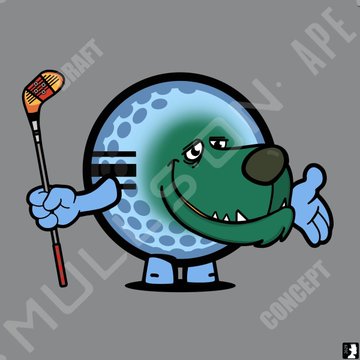 A cartoon golf ball character with a green face holds up a golf club and gestures while standing against a gray background featuring "MULL ON APE" and "CONCEPT" text, illustrating the creative process behind the "Range Mulls" artwork series.