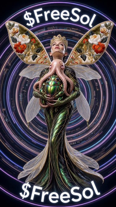 A fantasy illustration features a green, plant-like creature with a human female face, a crown, and floral-patterned wings, surrounded by purple rings and the text '$FreeSol' at the top and bottom.