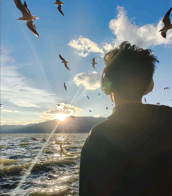 The image features a person wearing headphones, standing near water with birds flying around them. The person appears to be enjoying their time outdoors while listening to music or watching the birds. The background of the photo shows a beautiful sunset over the ocean, creating a serene and picturesque scene.