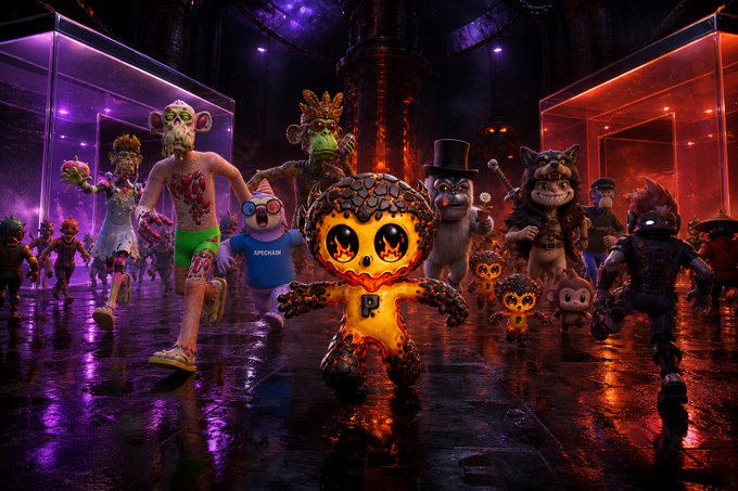 A dark, atmospheric scene featuring a group of colorful, stylized animated characters including a glowing central figure, a doll-like boy, and various animal-humanoid creatures running forward.