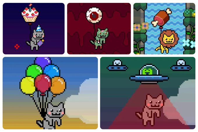 Pixel art style images featuring cute cats in various scenarios: celebrating with a cupcake, encountering a floating eyeball, chasing a chicken leg on a raft, floating with colorful balloons, and getting abducted by UFOs.