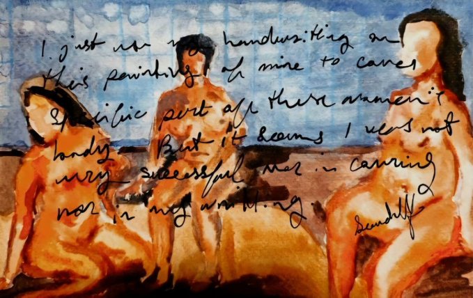 An expressive painting of nude figures with handwritten text overlaid, reading in part: 'I just see this painting of mine to cause... But it seems I was not very successful nor in carrying nor in my way of writing' and signed 'Donald'.