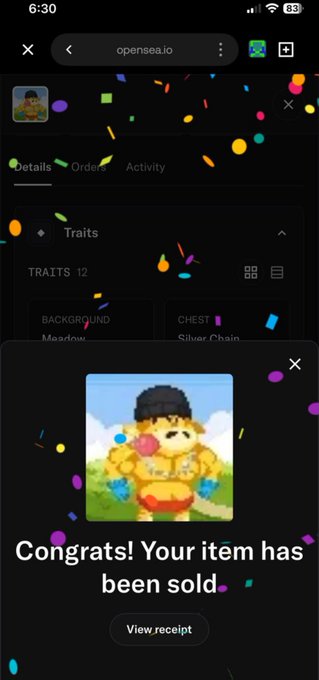 A screenshot from opensea.io showing a confetti-filled "Congrats! Your item has been sold" popup over an NFT listing page for an item with traits like "Meadow" background and "Silver Chain" chest, celebrating the $48 sale mentioned in the post.