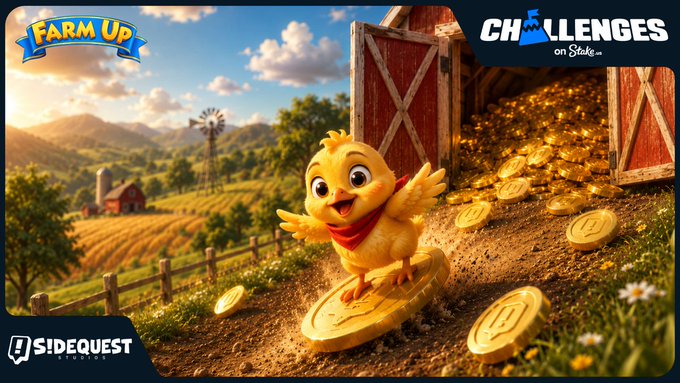 The image features a cartoon chicken riding a surfboard down a hill with gold coins scattered around. The text "Farm Up" is visible at the top of the image, indicating that this is part of a game or challenge related to farming activities. The phrase "Up for grabs in this week's challenge Farm Up by Sidequest Studios", along with the number "14,000 SC up for grabs", suggests that there are a certain number of gold coins available as prizes for completing the challenge.