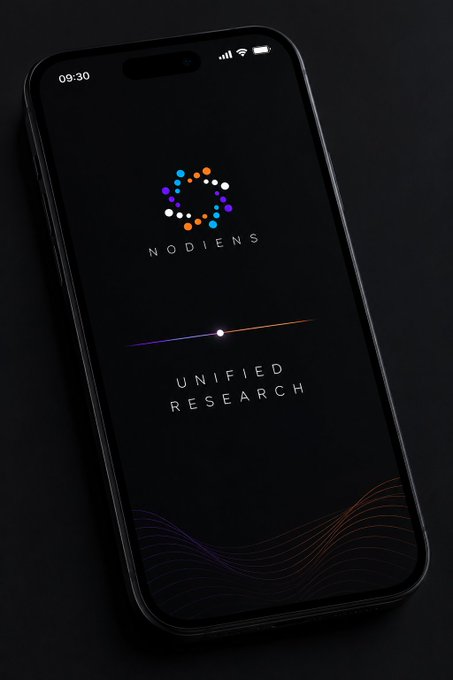 A smartphone displaying the Nodiens app launch screen with a colorful dotted logo and the tagline 'UNIFIED RESEARCH' against a dark background with waveform graphics.