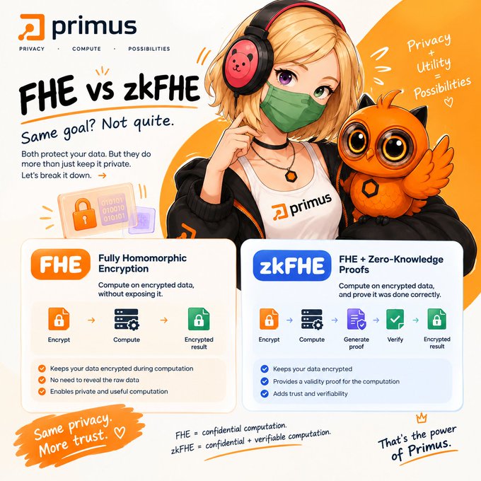 An educational graphic by primus explains the difference between 'FHE vs zkFHE', stating 'Same goal? Not quite.' An anime-style character with headphones and a face mask is shown alongside an owl. The infographic details that FHE (Fully Homomorphic Encryption) allows encrypted computation, while zkFHE adds Zero-Knowledge Proofs for verifiability, with the tagline 'That's the power of primus.'