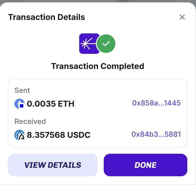 A mobile app screen displays a completed cryptocurrency transaction showing 'Sent 0.0035 ETH' and 'Received 8.357568 USDC' with 'Transaction Completed' text.