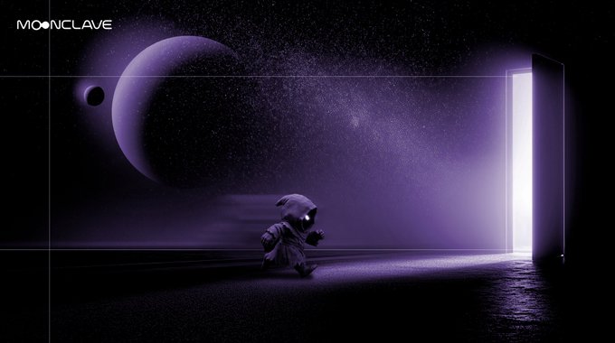 The image features a hooded astronaut figure in a purple cosmic landscape with a crescent moon and planets, approaching a glowing doorway of light, with "MOONCLAVE" displayed in the top left corner—visually evoking the post's themes of exploration, discovery, and stepping into the Moonclave ecosystem ($MCV) to experience its rewards firsthand.