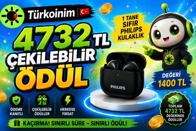 A promotional graphic for 'Türkoinim' advertises '4732 TL ÇEKİLEBİLİR ÖDÜL' and features a mascot alongside a pair of Philips wireless earbuds valued at '1400 TL'.