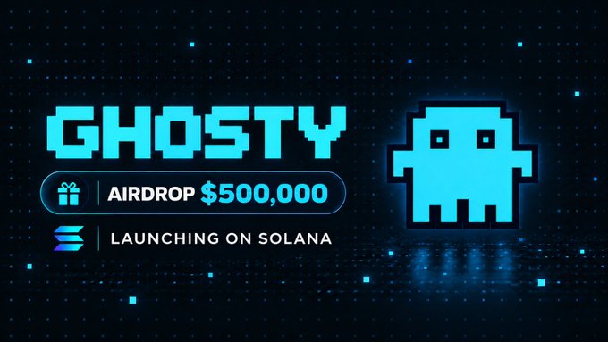 A pixelated cyan ghost character appears next to bold "GHOSTY" text promoting a "$500,000 AIRDROP" and announcing "LAUNCHING ON SOLANA," aligning with the post's message about a $GHOSTY token airdrop launching on Solana with upcoming exchange listings on Binance, Bybit, OKX, Bitget, MEXC, Upbit, and KuCoin.