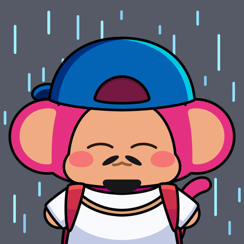 A cute cartoon character with pink fluffy hair, wearing a blue backwards cap and white t-shirt, smiles in the rain.