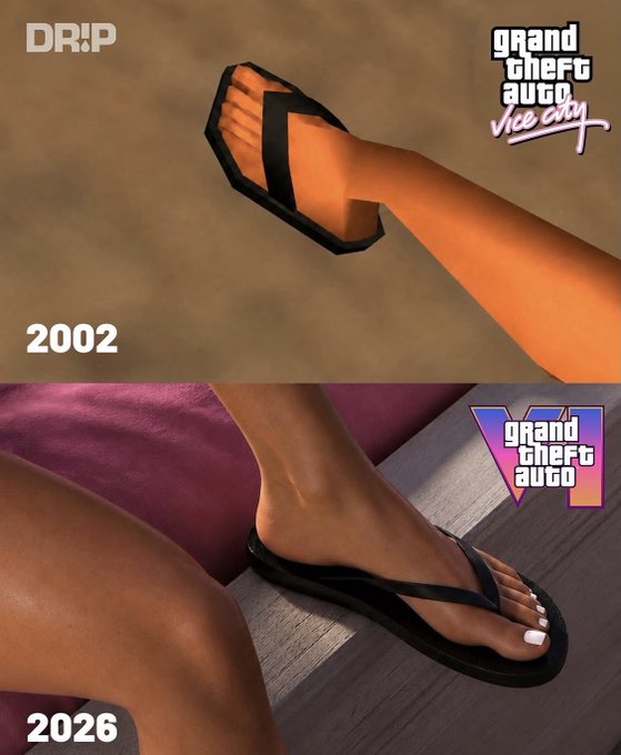 A graphic titled 'DR!P' compares the graphical evolution of flip-flops in video games, showing a low-poly foot in a sandal labeled '2002' for 'Grand Theft Auto Vice City' above a high-detail, realistic foot in a flip-flop labeled '2026' for 'Grand Theft Auto VI'.