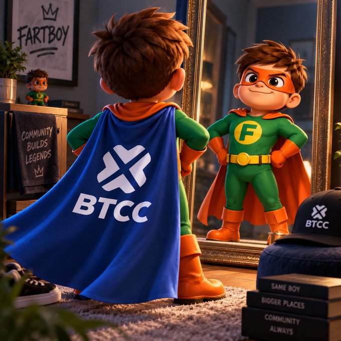 An animated illustration features a young superhero character admiring his reflection in a mirror; he wears a blue cape with "BTCC" written on the back.