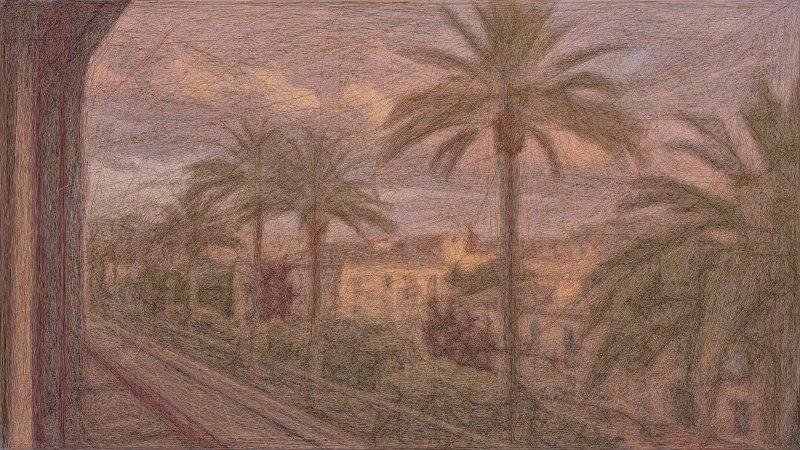 The image features a painting of palm trees, including two tall palm trees with green leaves against a purple sky background. The painting appears to be done in an impressionistic style, which emphasizes the overall mood or atmosphere rather than focusing on minute details. The artist has used a variety of colors and brushstrokes to create this scene, capturing the essence of the tropical setting.