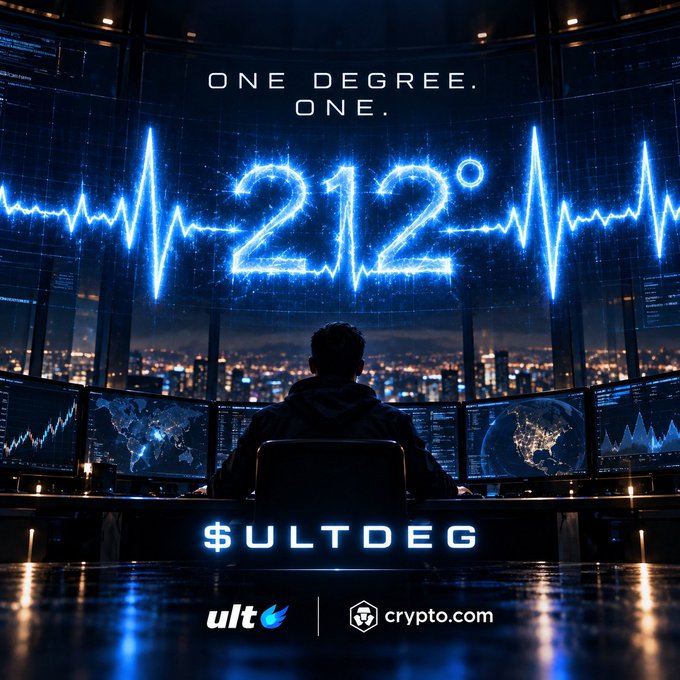 A promotional graphic featuring the text 'ONE DEGREE. ONE. 212' with a glowing blue heartbeat line, a figure at monitors overlooking a city, and logos for 'ult' and 'crypto.com' with the hashtag '$ULTDEG'.