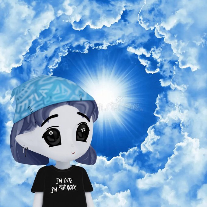 A cartoon-style character with large eyes wearing a blue bandana and a black 'I'M CUTE I'M PUNK ROCK' t-shirt against a cloudy sky with a bright sun.